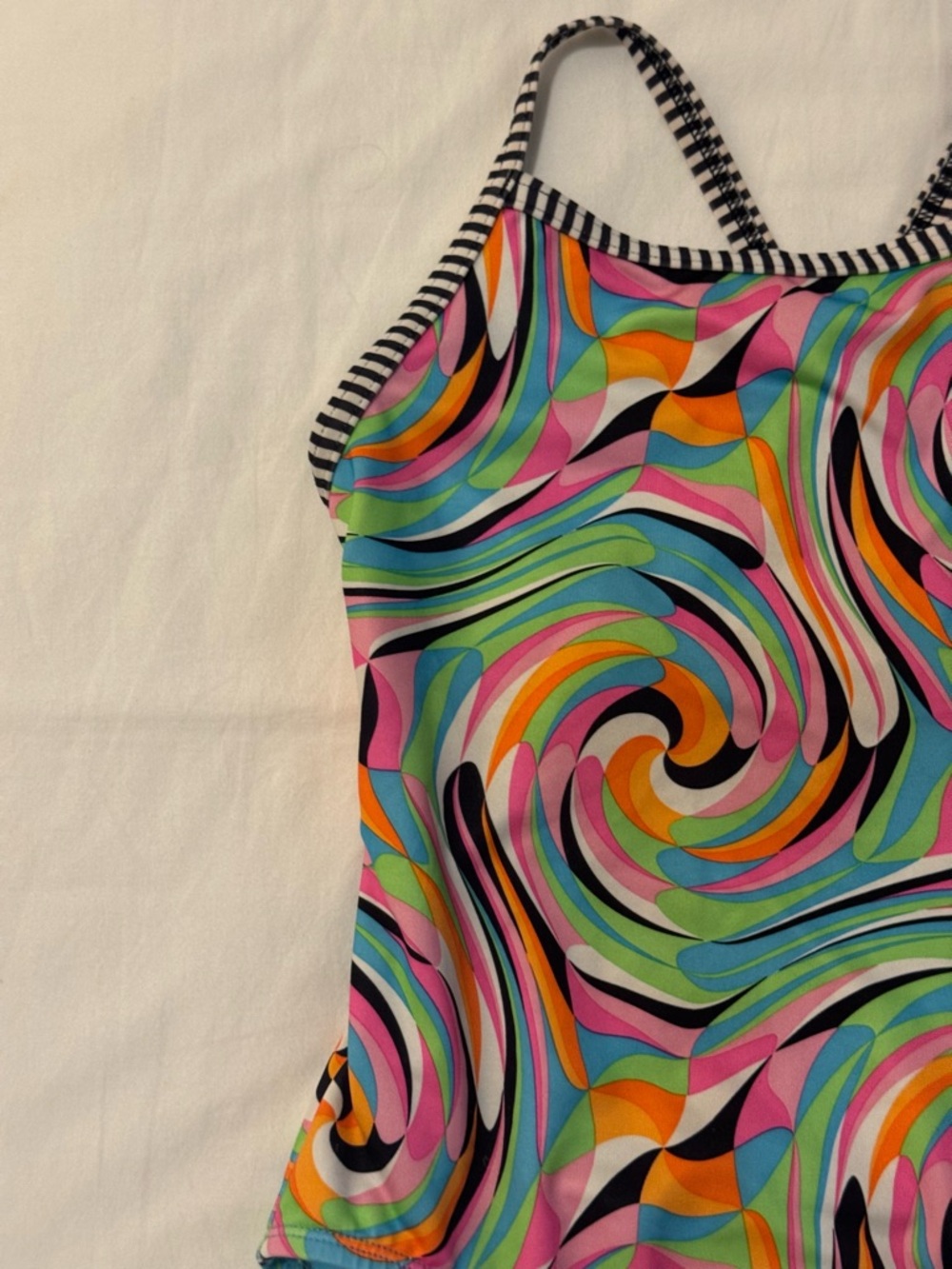 Girls' Multicolor Swirl One-Piece Swimsuit with Striped Trim